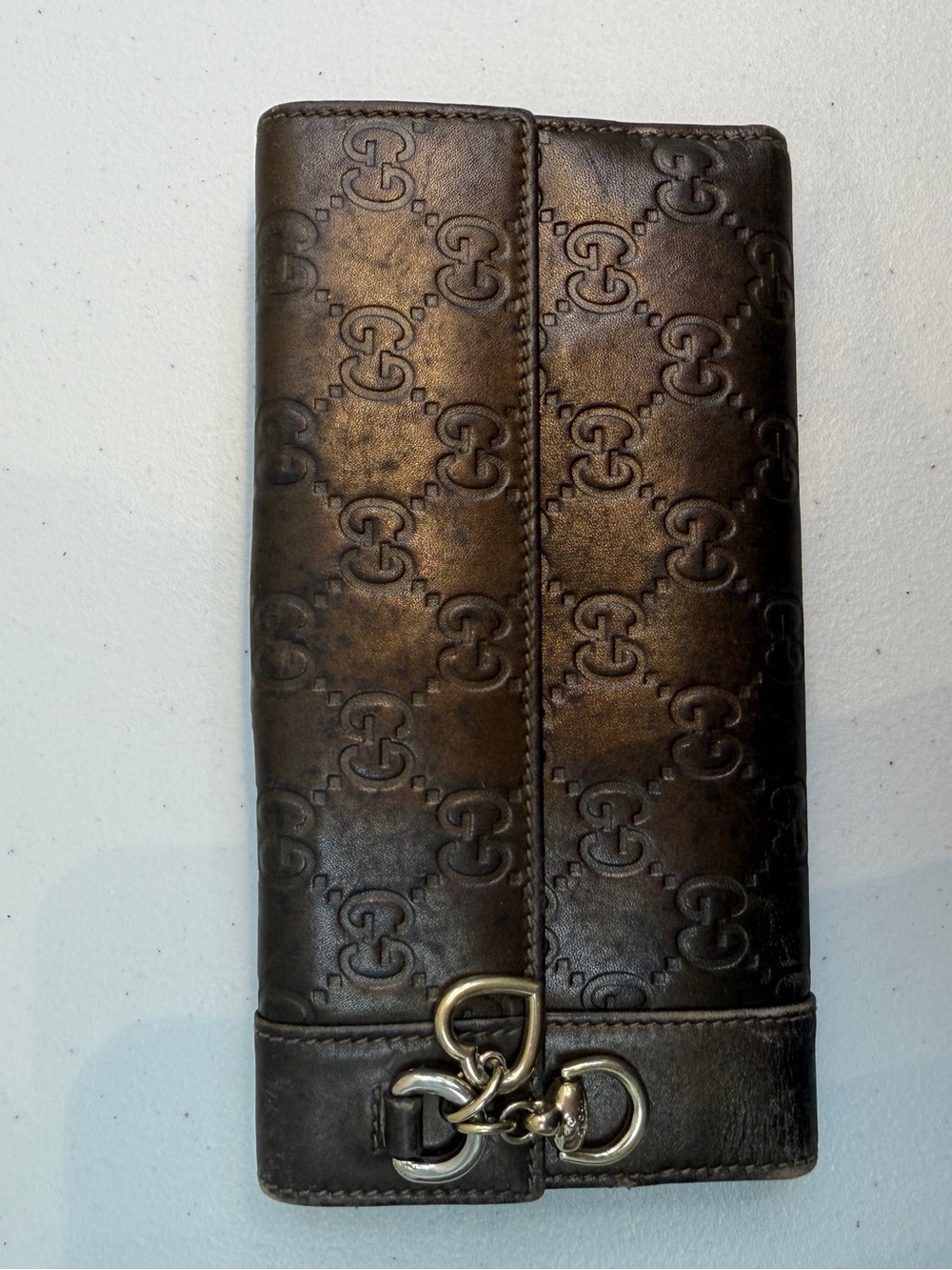 Gucci Dark Brown Embossed Leather Men's Wallet with Gold Hardware